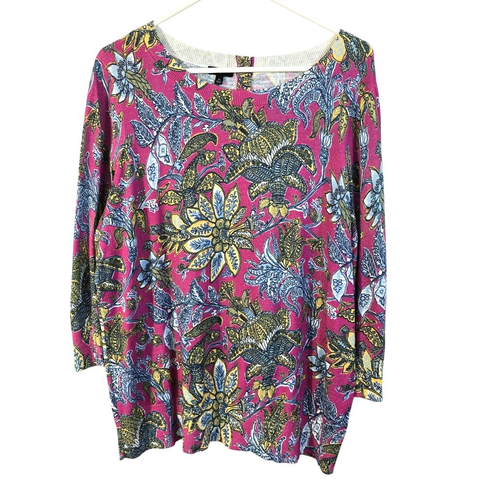 Talbots Crewneck Sweater Women's 1X Pink Multi Lively Floral Cottagecore Coastal
